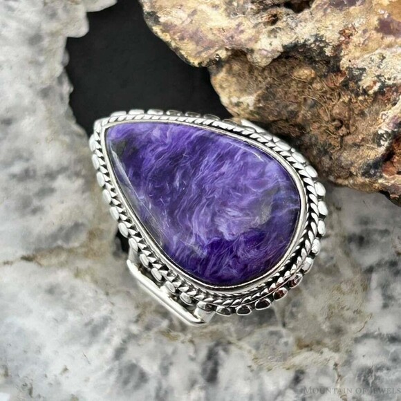 Sterling Southwestern Style Teardrop Charoite Decorated Ring Size 7.5 For Women
